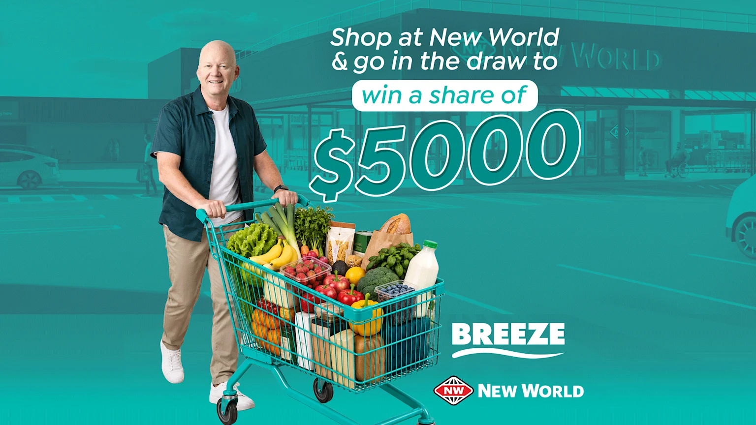 A smiling man pushes a full shopping cart in front of a New World supermarket, with promotional text offering a draw to win a share of $5000.