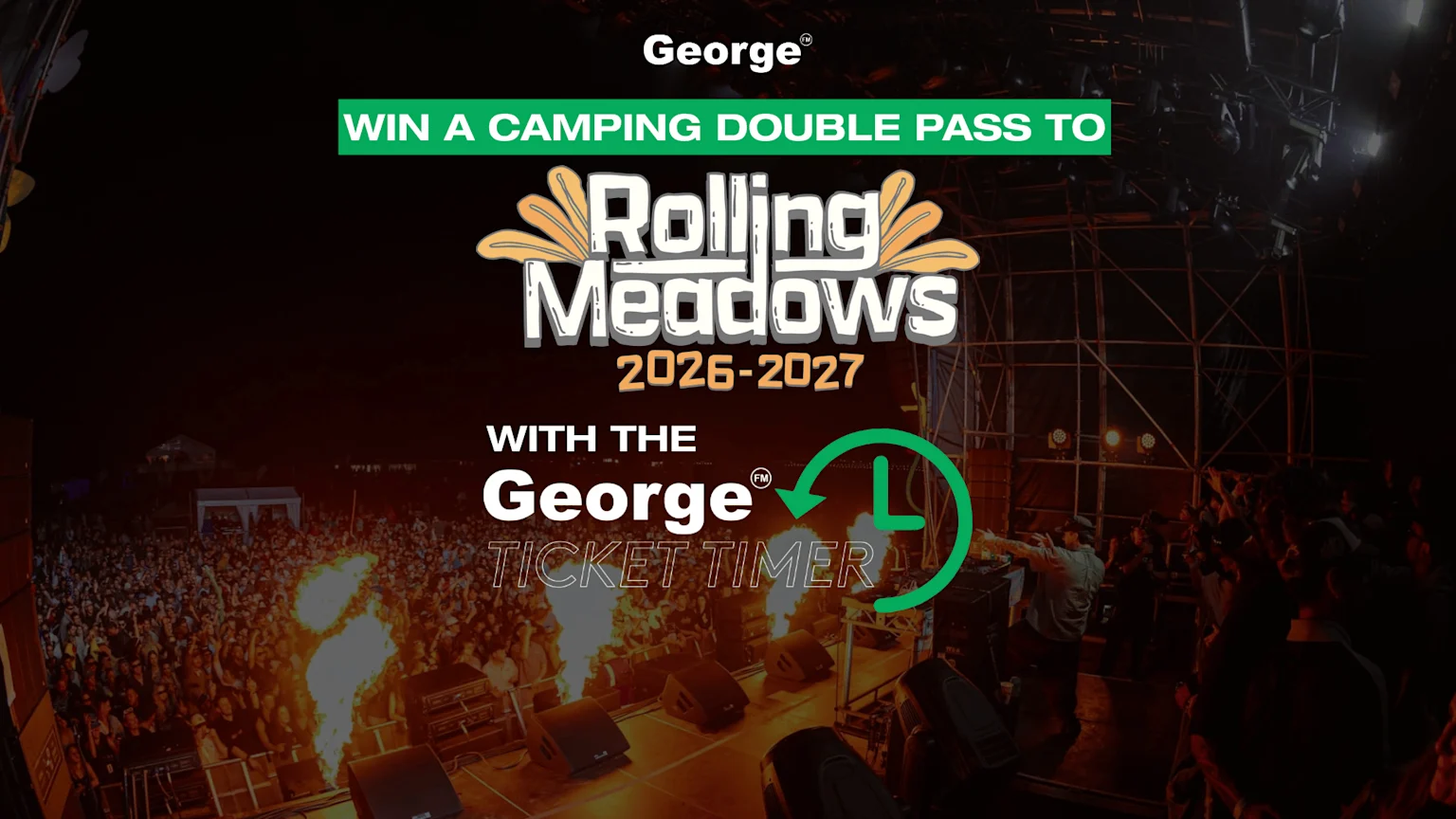 A promotional image for George Ticket Timer offering a camping double pass to Rolling Meadows 2026-2027, overlaid on a vibrant night music festival scene with a crowd, stage, and pyrotechnics.