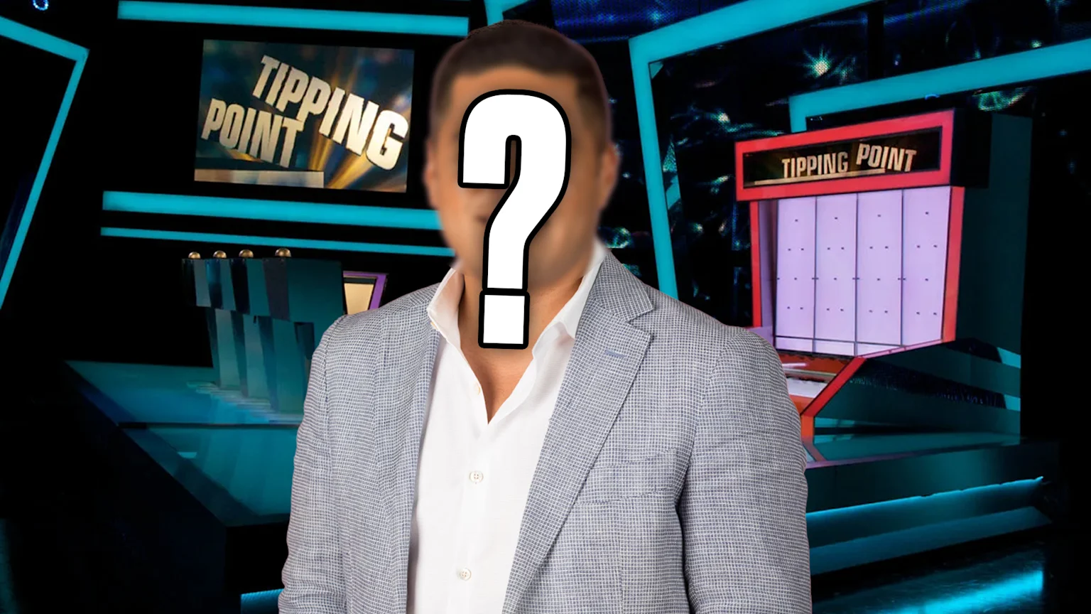 A blurred man with a large white question mark on his face, wearing a light blazer and white shirt, stands on the brightly lit set of the game show "Tipping Point," visible on screens and a physical game board.
