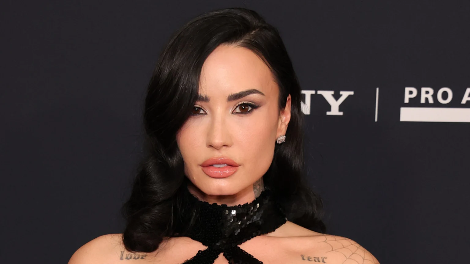 A close-up portrait of Demi Lovato, featuring her dark hair, dramatic eye makeup, and a black sequined top, against a dark background with "SONY" and "PRO A" logos.