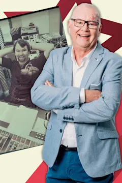 Murray Lindsay smiling in blue suit with vintage radio photo of him in background