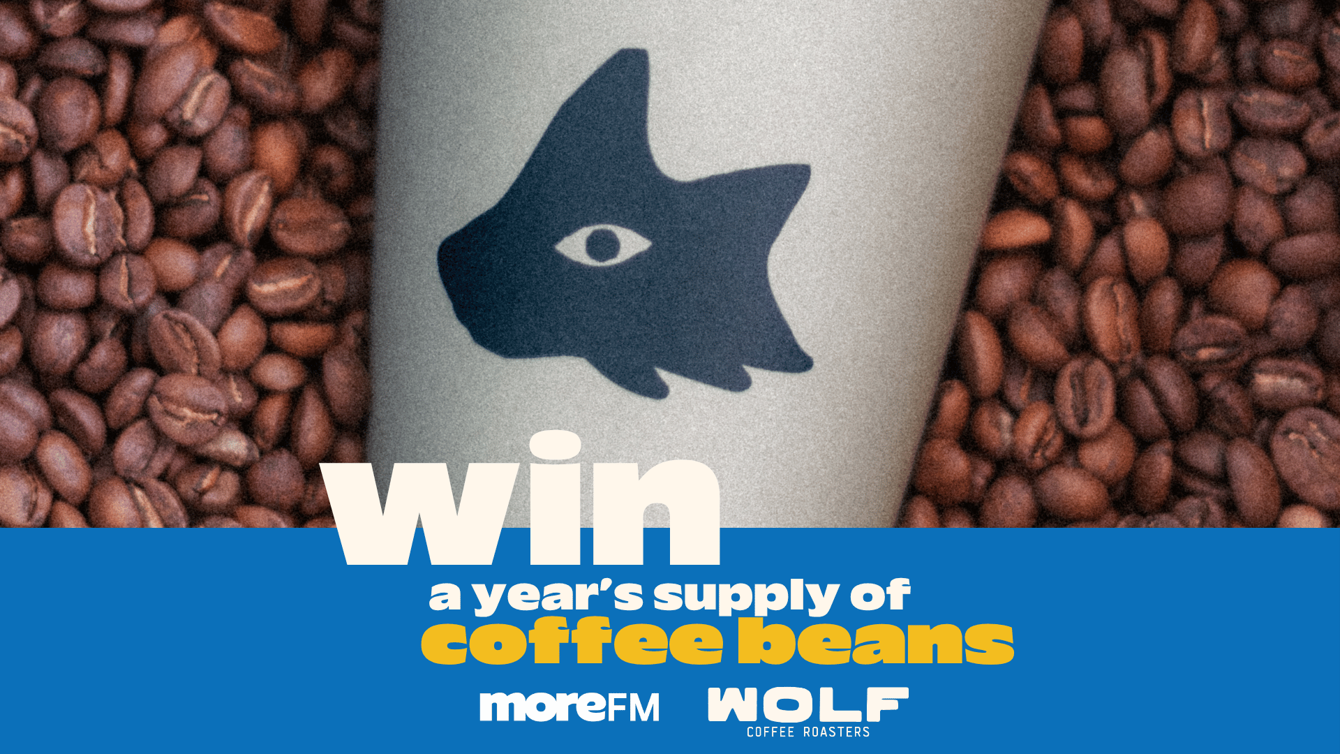 A light grey coffee cup with a dark wolf logo sits among coffee beans, while a blue banner announces "Win a year's supply of coffee beans" and displays "moreFM" and "WOLF COFFEE ROASTERS".
