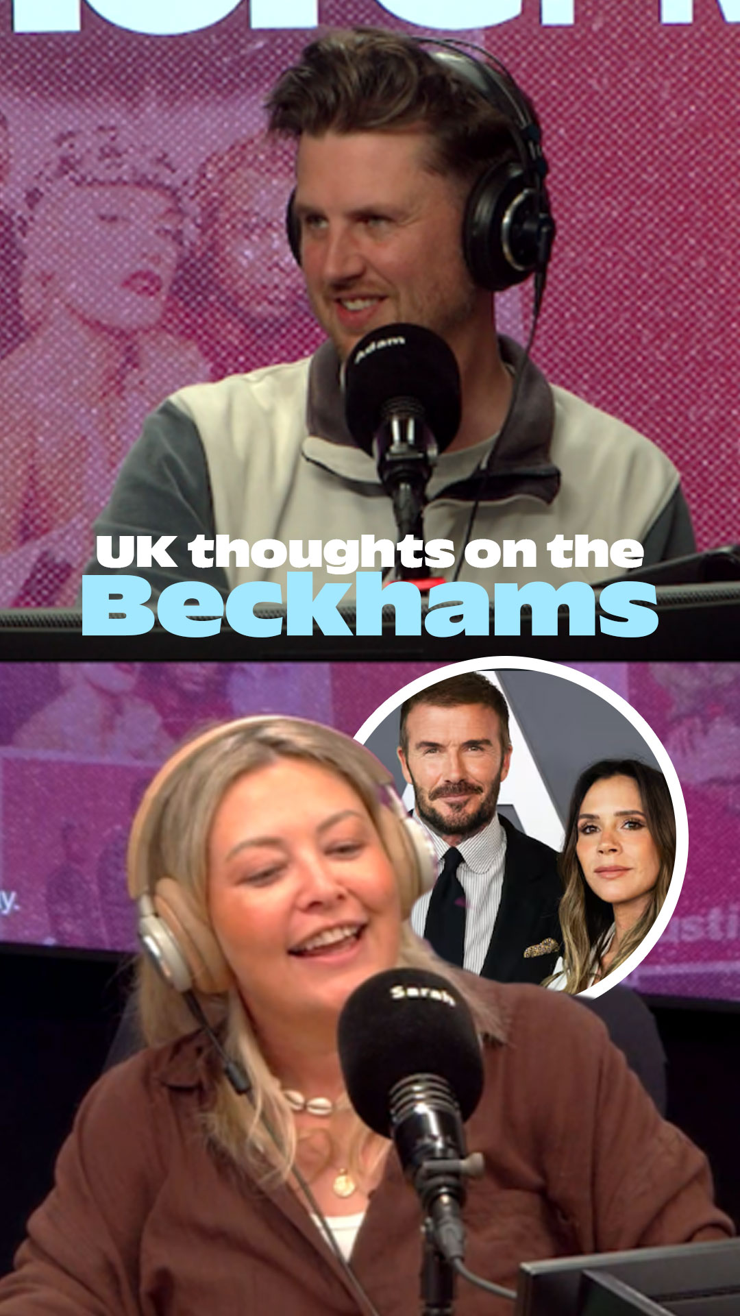 Sarah & Adam with image of David & Victoria Beckham behind