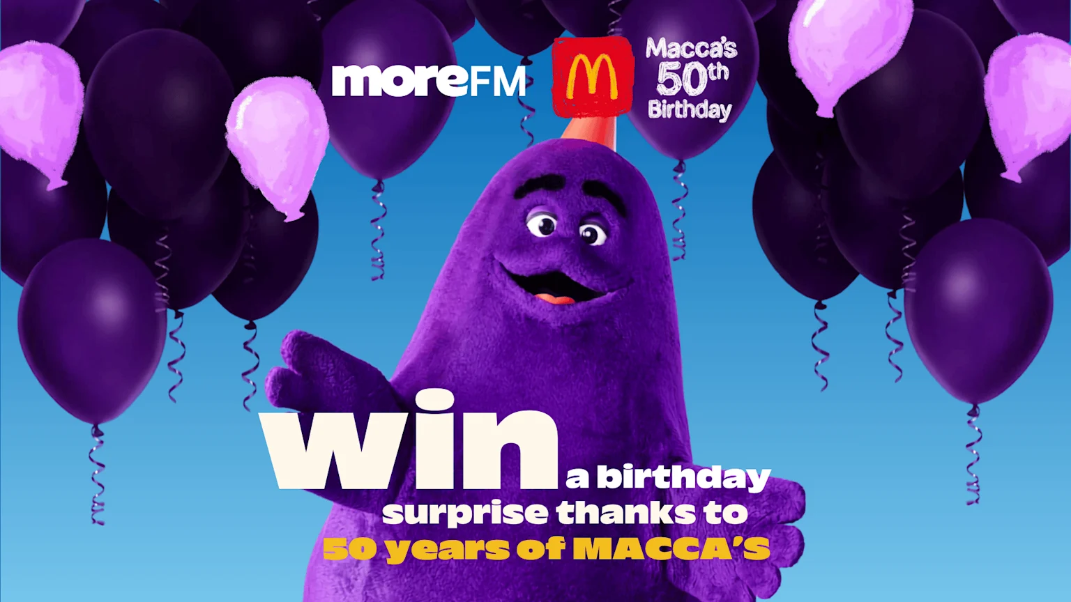 McDonald's Grimace in a party hat smiles, surrounded by purple and pink balloons, with text promoting winning a birthday surprise for Macca's 50th.