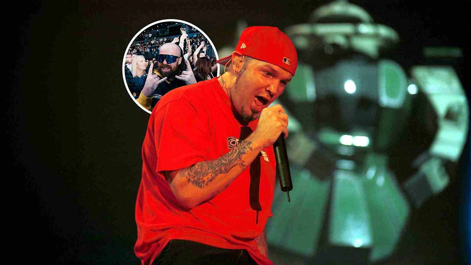 A male singer in a red cap and t-shirt with arm tattoos sings into a microphone on stage, while an inset circle shows a bearded man in sunglasses making a rock sign in a crowd.