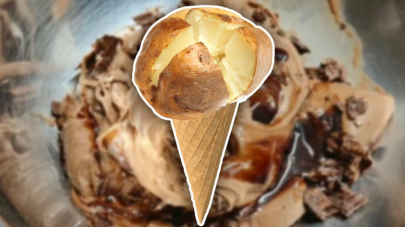 A bowl of chocolate ice cream made from potatoes with an ice cream cone and baked potato on top to represent what the dessert is made from.