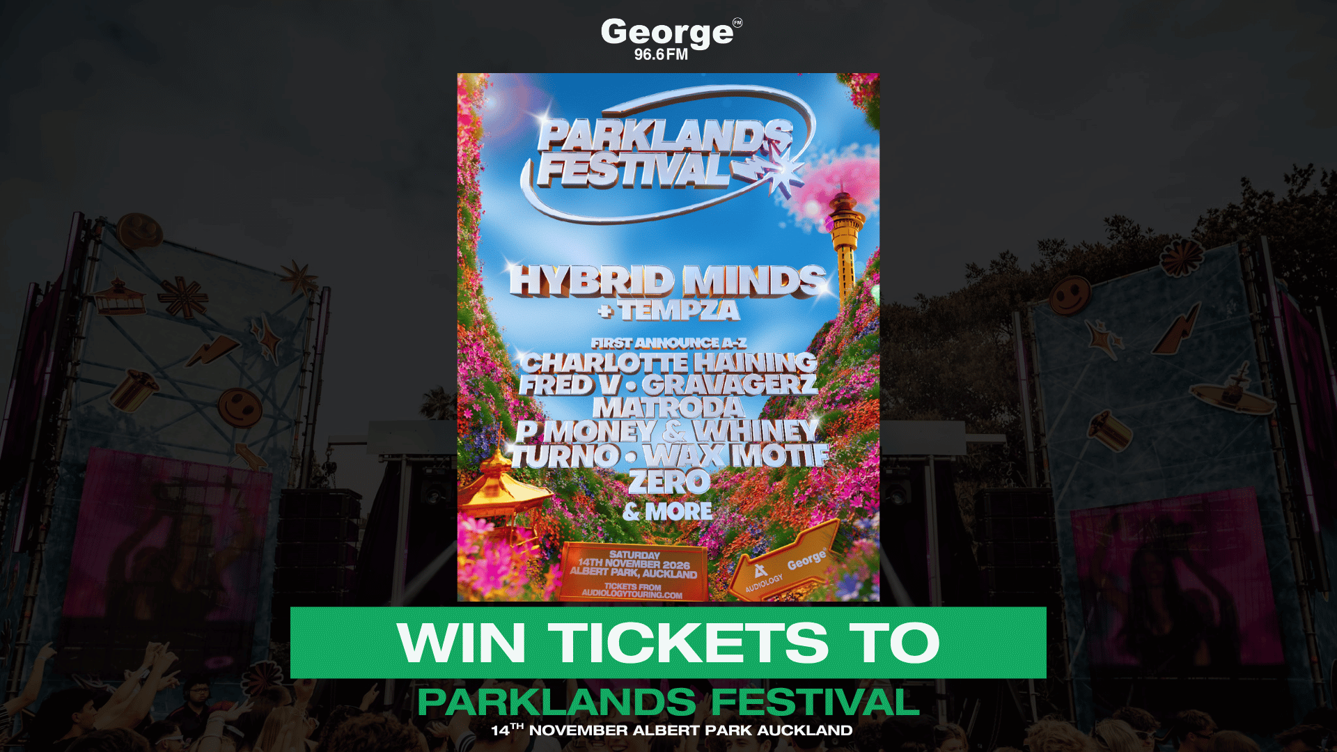 A George FM promotional image announces a contest to win tickets to Parklands Festival, featuring the festival poster with artist names like Hybrid Minds, set against a blurred background of a festival stage and crowd.