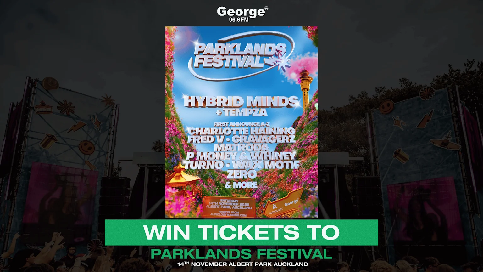 A George FM promotional image announces a contest to win tickets to Parklands Festival, featuring the festival poster with artist names like Hybrid Minds, set against a blurred background of a festival stage and crowd.