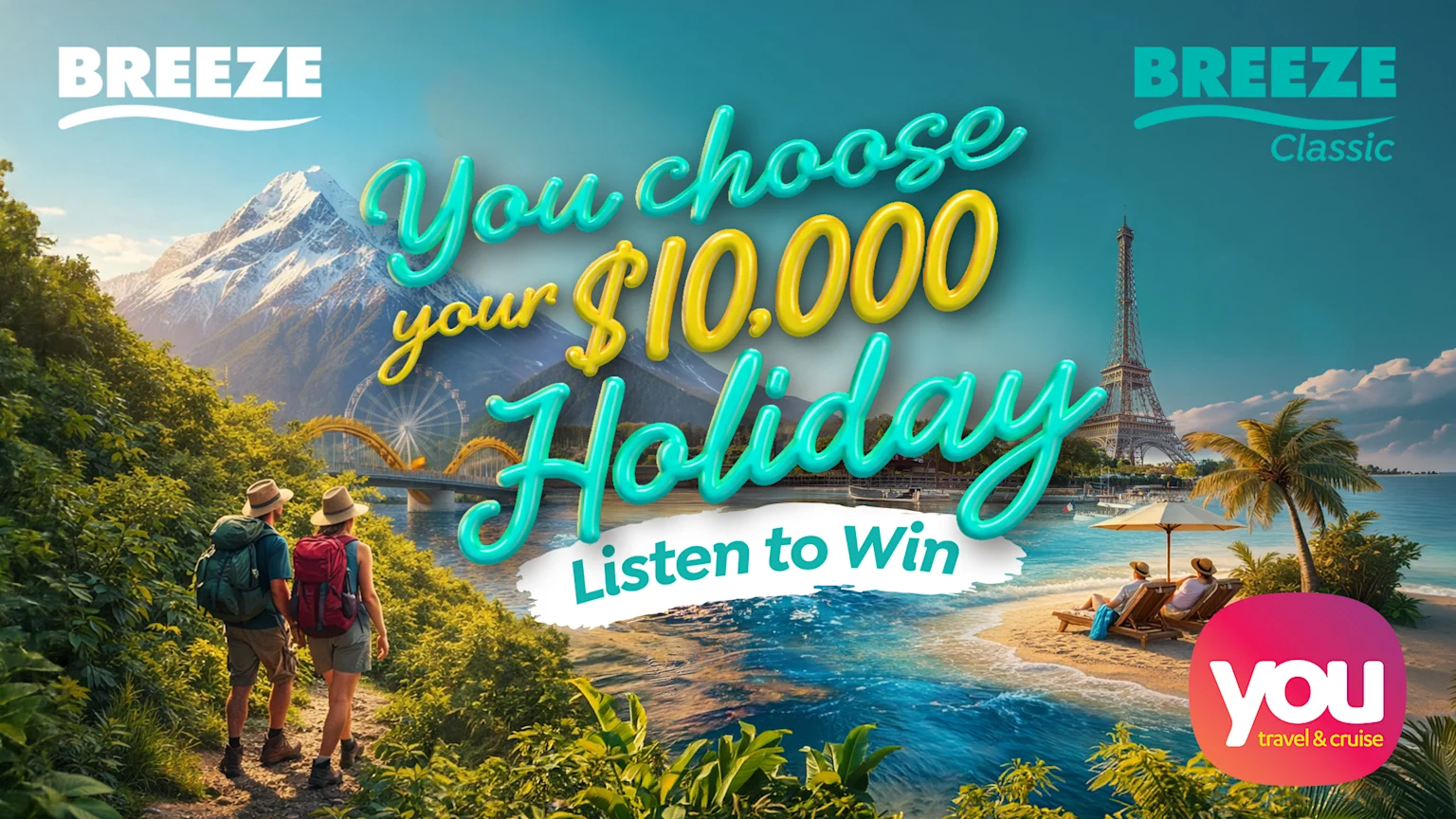 An advertisement with 'BREEZE' and 'you travel & cruise' logos, featuring diverse travel imagery and text: 'You choose your $10.000 Holiday Listen to Win'.