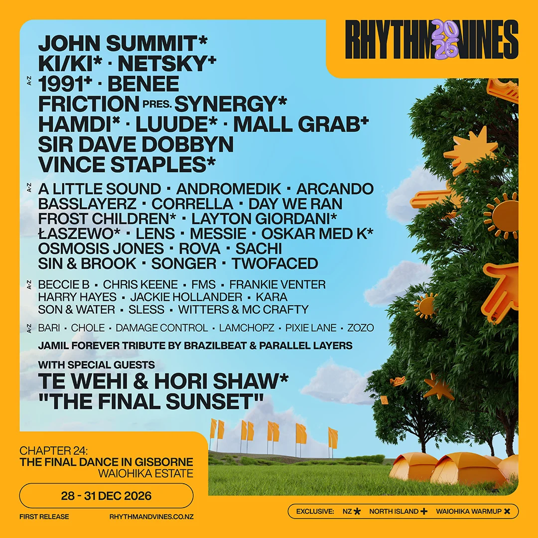 A festival poster for Rhythm and Vines 2026's "The Final Dance" in Gisborne, listing artists like John Summit, Netsky, and Benee, against a sunny outdoor scene with trees and tents.