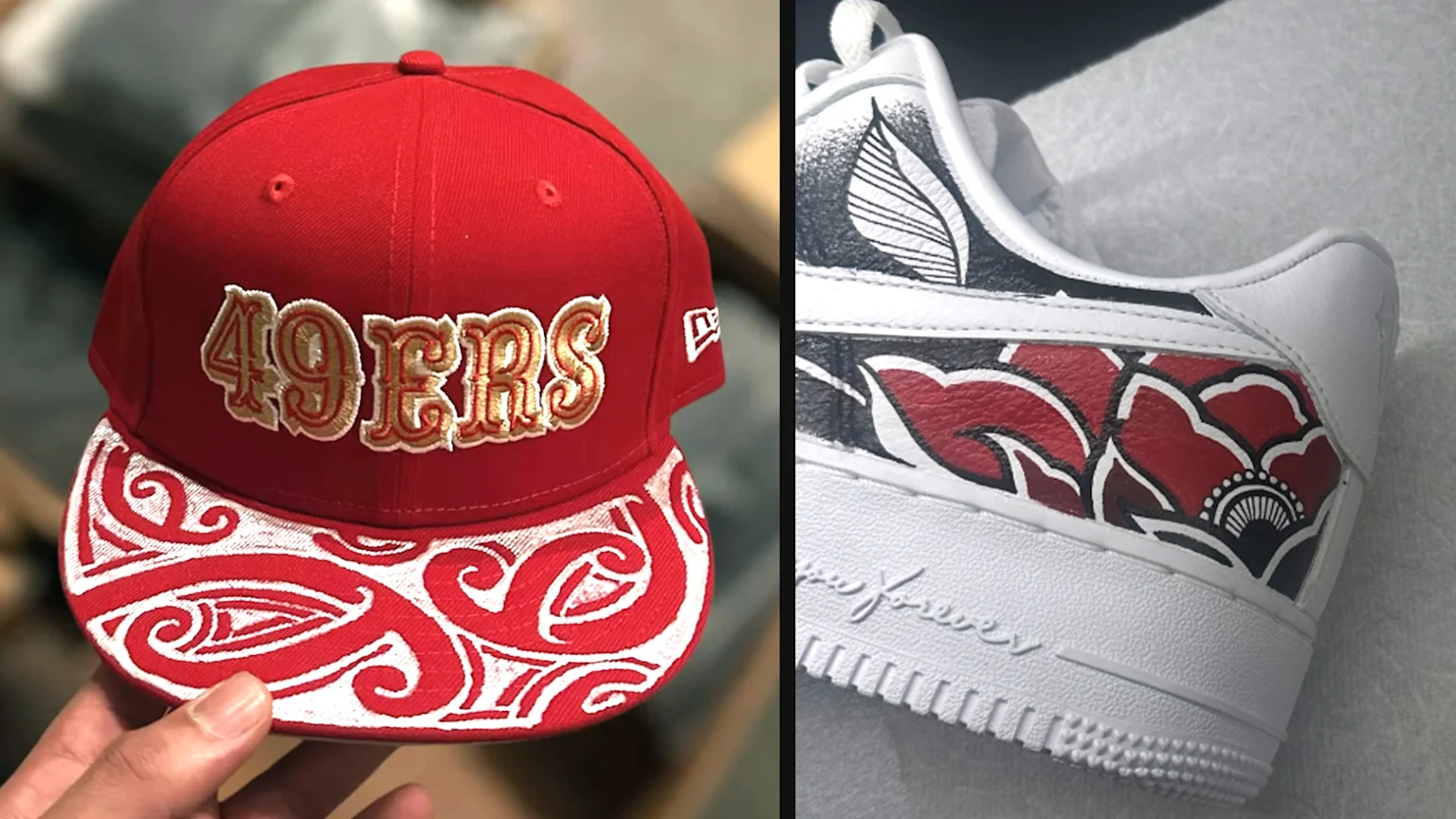 LEFT - custom designed 49ers red cap with Maori koru designs on the flap. RIGHT - Red and black ink tattoo on a white leather Nike shoe.