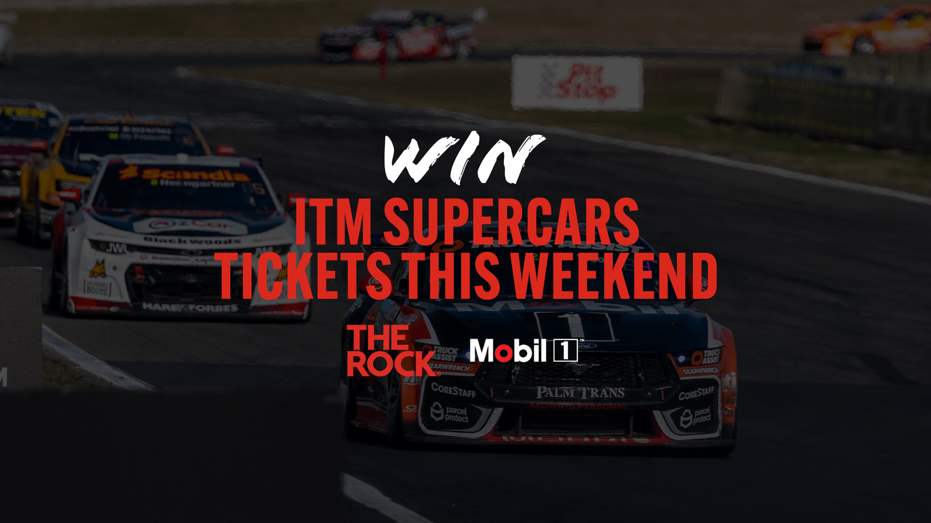 A promotional image shows multiple race cars on a track under darkened lighting, featuring a dark blue and orange Ford Mustang Supercar in the foreground with "Mobil 1", and overlaid text reading "WIN ITM SUPERCARS TICKETS THIS WEEKEND" and "THE ROCK".