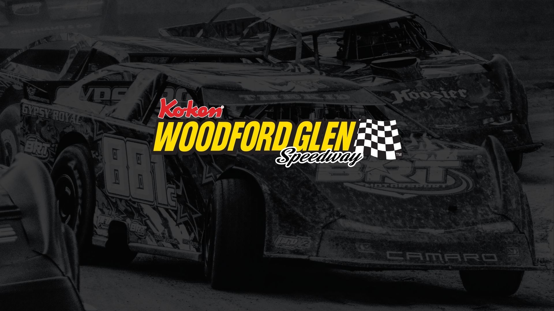 A desaturated image of several dirt track race cars, with a prominent "Koken Woodford Glen Speedway" logo in red and yellow with a checkered flag.