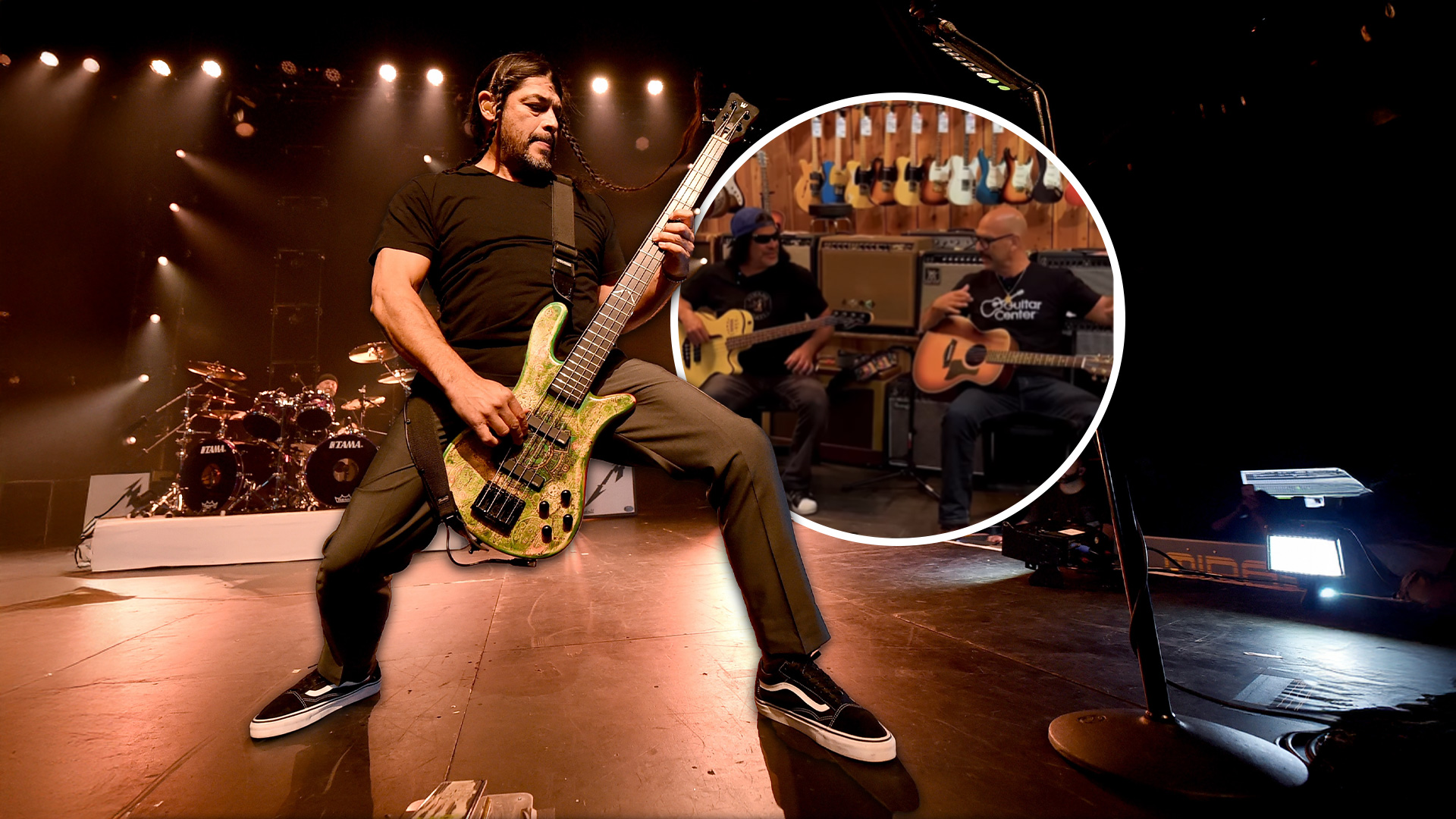 Rob Trujillo playing guitar on stage, with a screenshot of him crashing a guitar lesson in a circle next to him. 