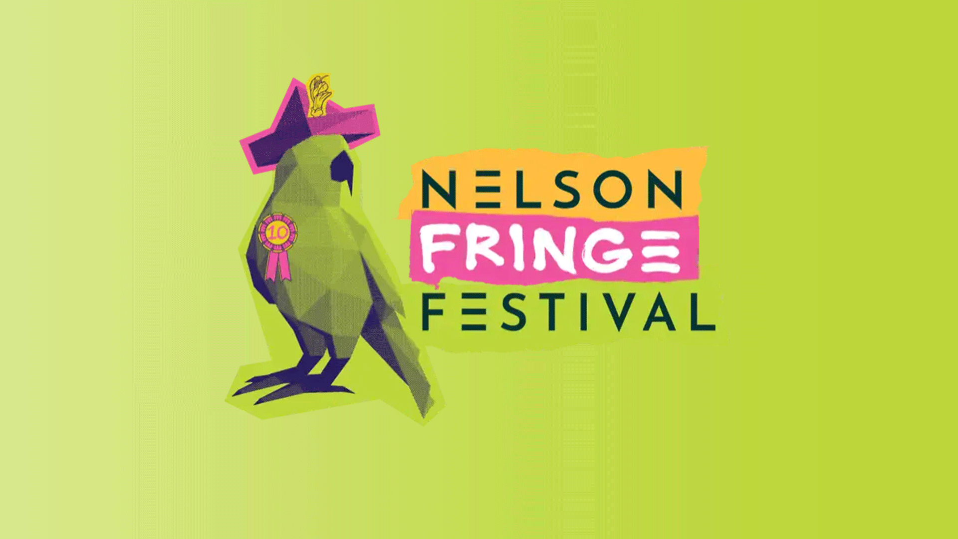 Green background with a stylized green and purple bird wearing a hat and a '10' ribbon, alongside the text 'NELSON FRINGE FESTIVAL' in orange, pink, and green.