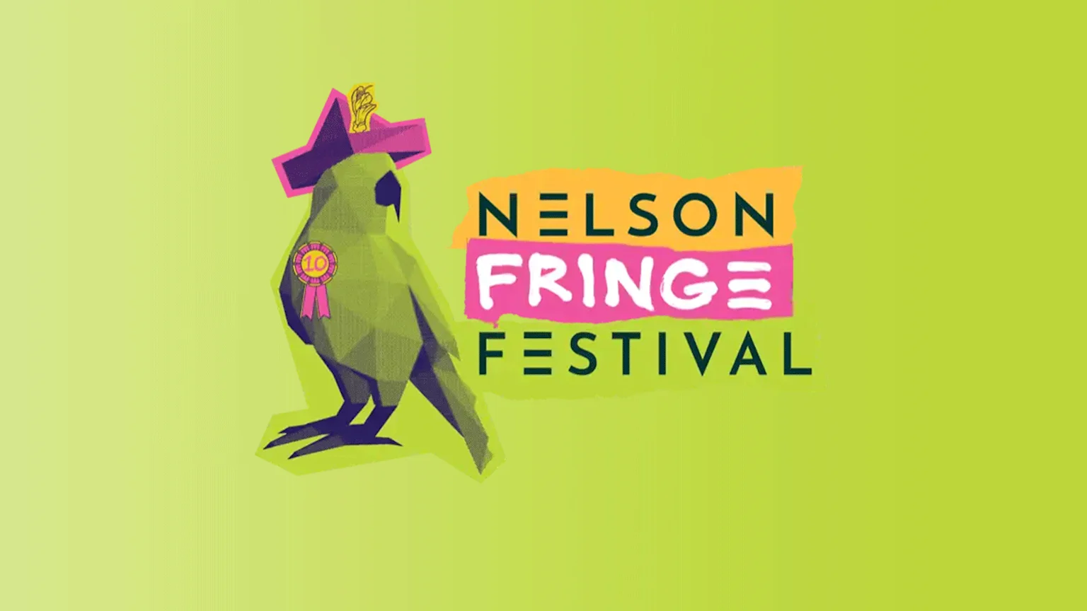 Green background with a stylized green and purple bird wearing a hat and a '10' ribbon, alongside the text 'NELSON FRINGE FESTIVAL' in orange, pink, and green.