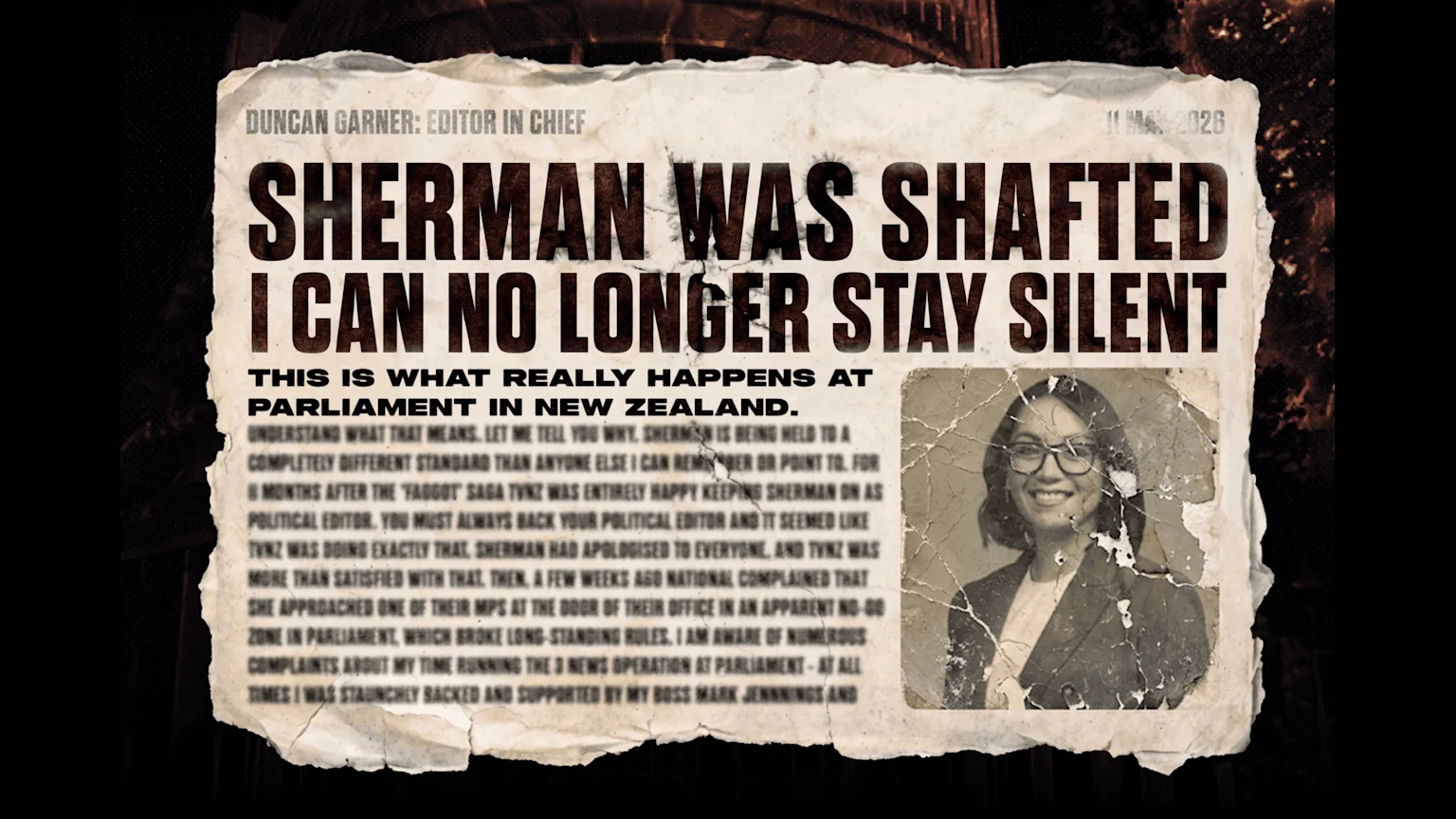 An aged newspaper features a headline "SHERMAN WAS SHAFTED I CAN NO LONGER STAY SILENT," with a sepia-toned photo of a smiling woman and text about Parliament in New Zealand.