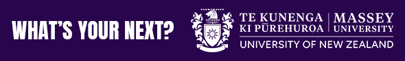 Purple banner with white text "WHAT'S YOUR NEXT?" and the Massey University logo, which includes its coat of arms and name in English and Māori.