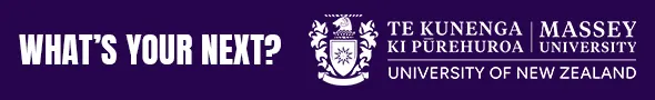 Purple banner with white text "WHAT'S YOUR NEXT?" and the Massey University logo, which includes its coat of arms and name in English and Māori.