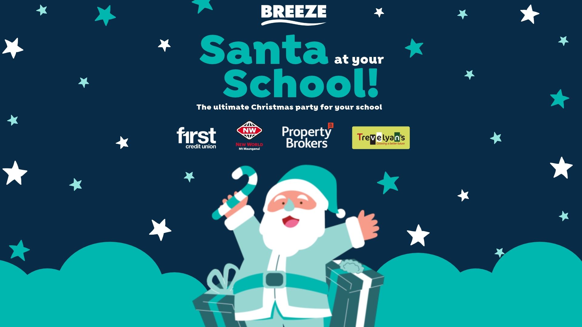 A festive image featuring a cartoon Santa in a teal suit holding a candy cane, with gifts, stars, and clouds, against a dark blue background with text "Santa at your School!" and various sponsor logos.