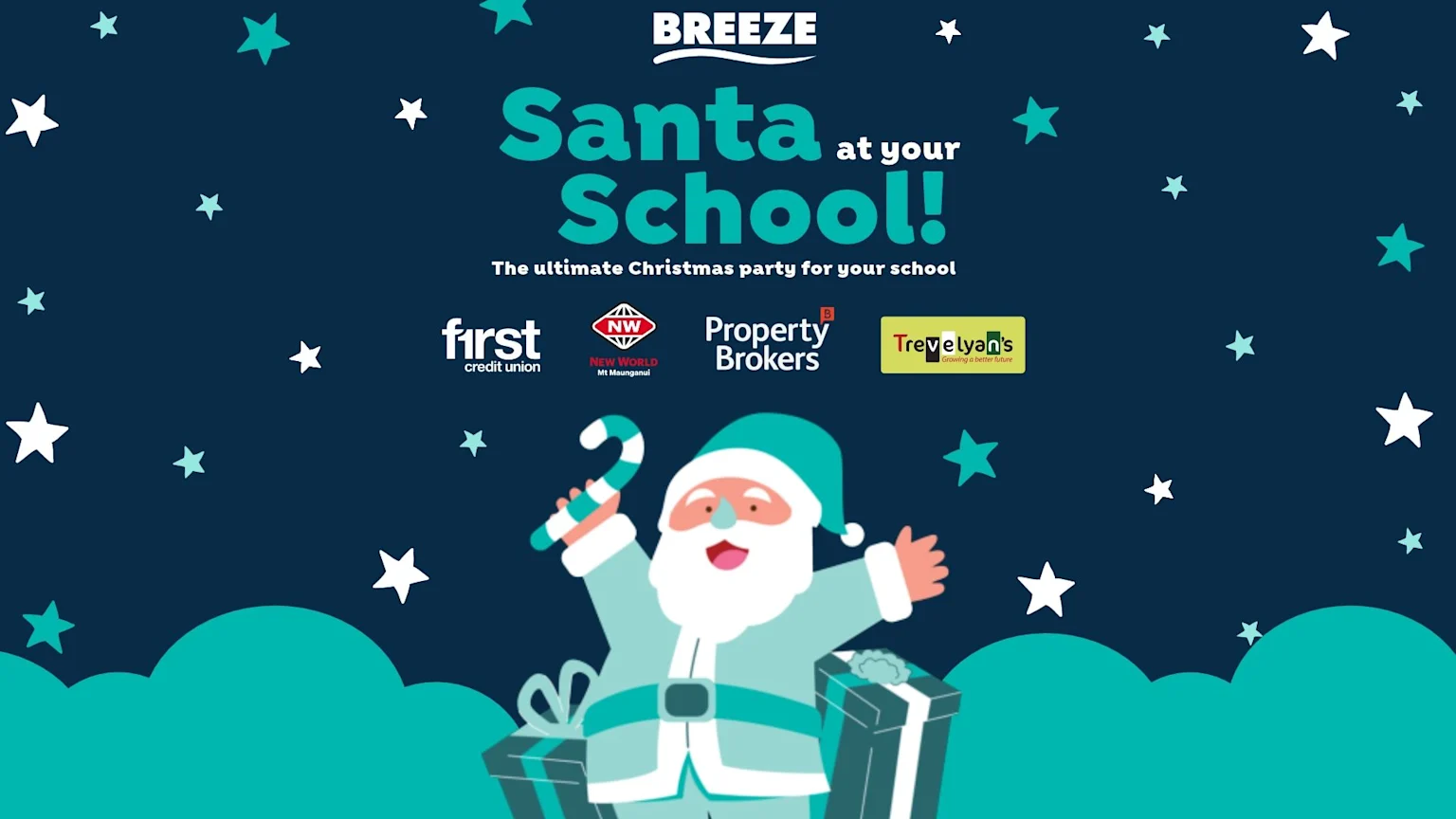 A festive image featuring a cartoon Santa in a teal suit holding a candy cane, with gifts, stars, and clouds, against a dark blue background with text "Santa at your School!" and various sponsor logos.