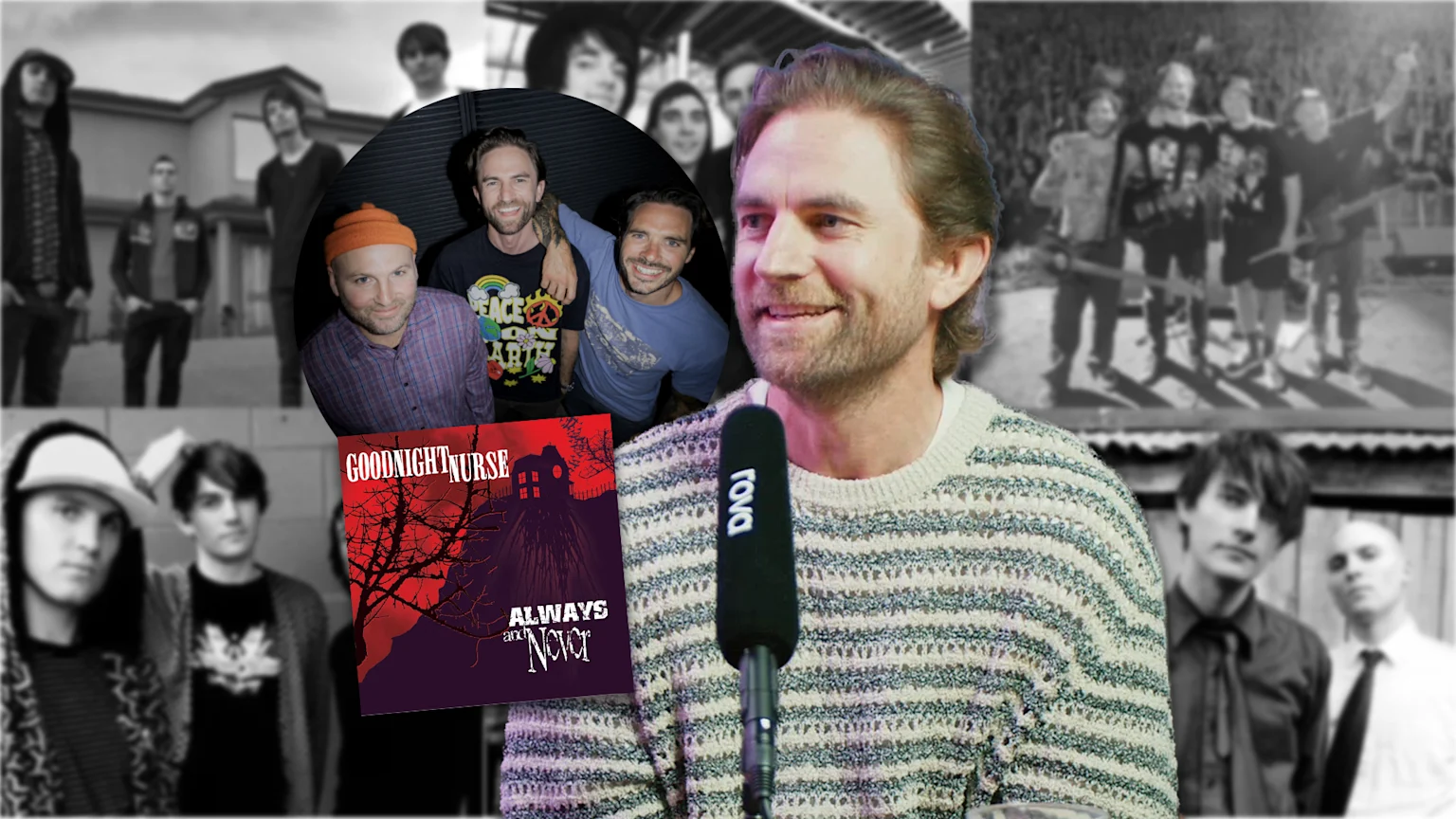 A man speaks into a Rova microphone in front of a collage of band photos and the Goodnight Nurse 'Always and Never' album cover.
