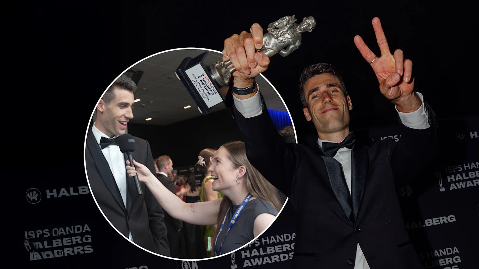 A composite image from the ISPS Handa Halberg Awards 2025 showing a man in a black tuxedo holding a silver trophy and making a peace sign, along with a circular inset of an interview between a man in formal wear and a woman with a RØDE microphone and HALBERG lanyard, all set against a dark backdrop with repeating event logos.