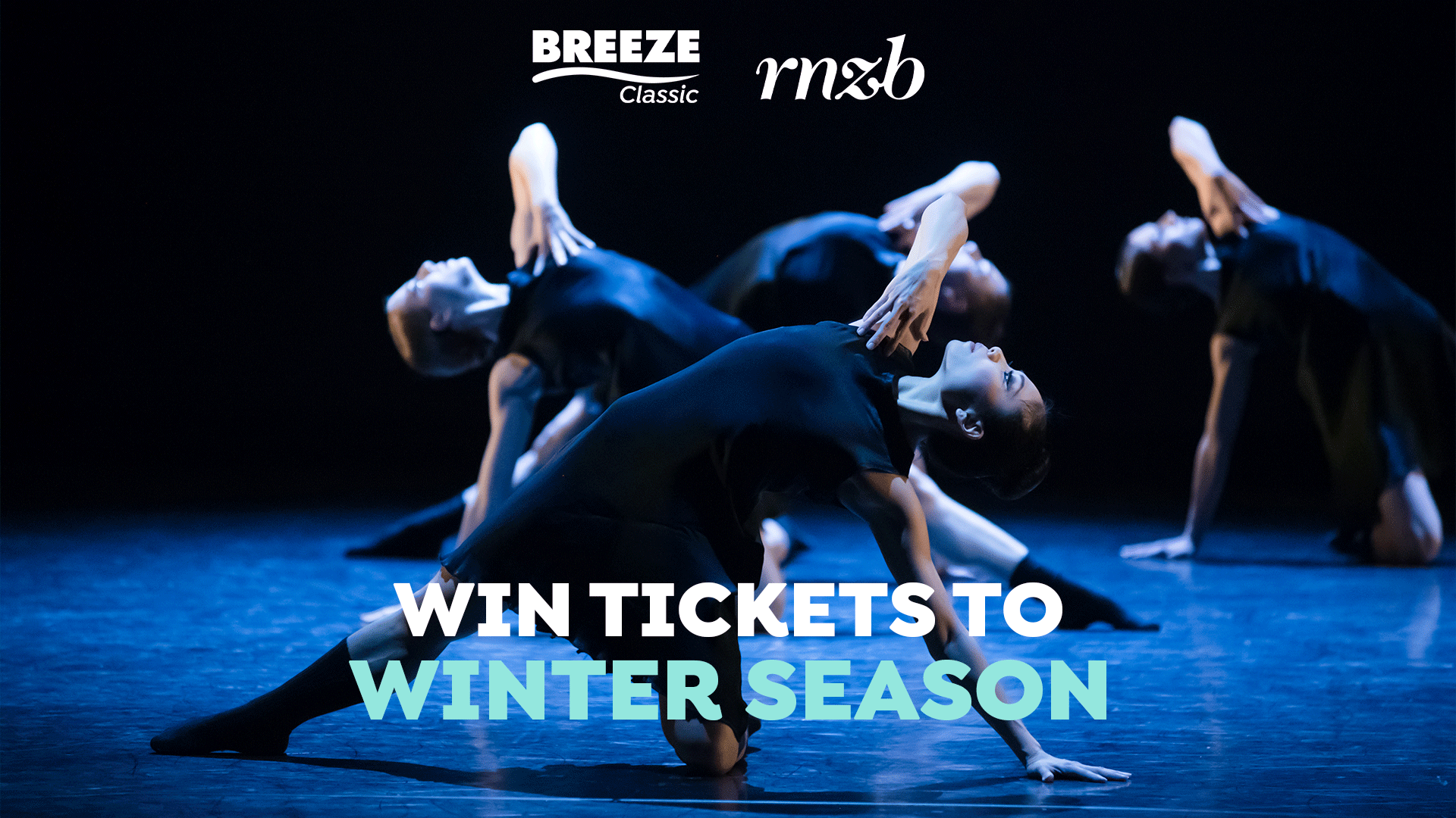 Several dancers in black costumes perform dynamic poses on a dimly lit blue stage; "BREEZE Classic" and "rnzb" logos are at the top, with "WIN TICKETS TO WINTER SEASON" text at the bottom.