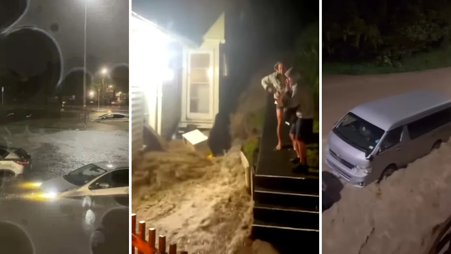 A triptych shows severe flooding at night: cars submerged on a street, muddy water rushing past a house where people watch, and a van stuck in deep floodwater.