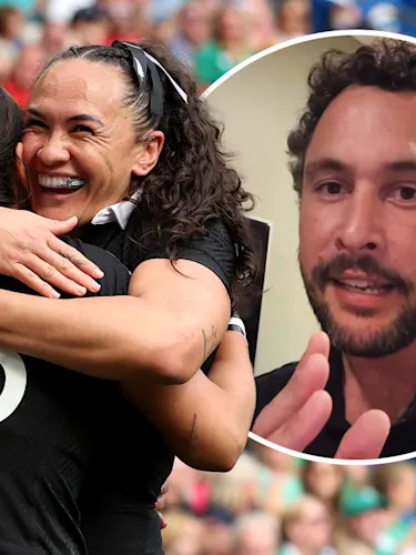 Portia Woodman hugging a Black Ferns teammate