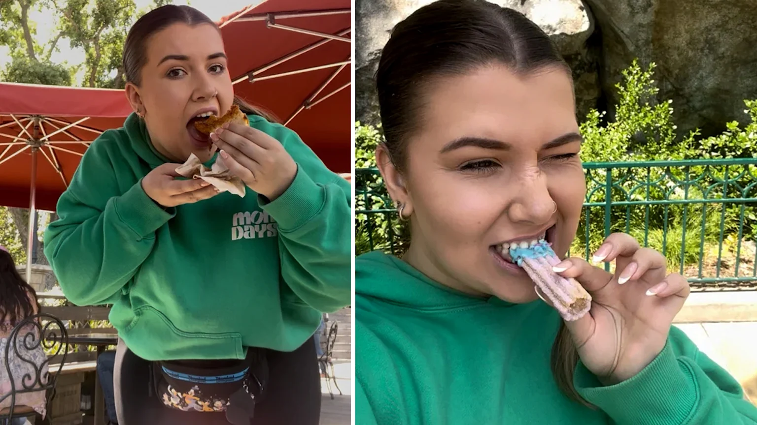 Person in green hoodie enjoying food outdoors