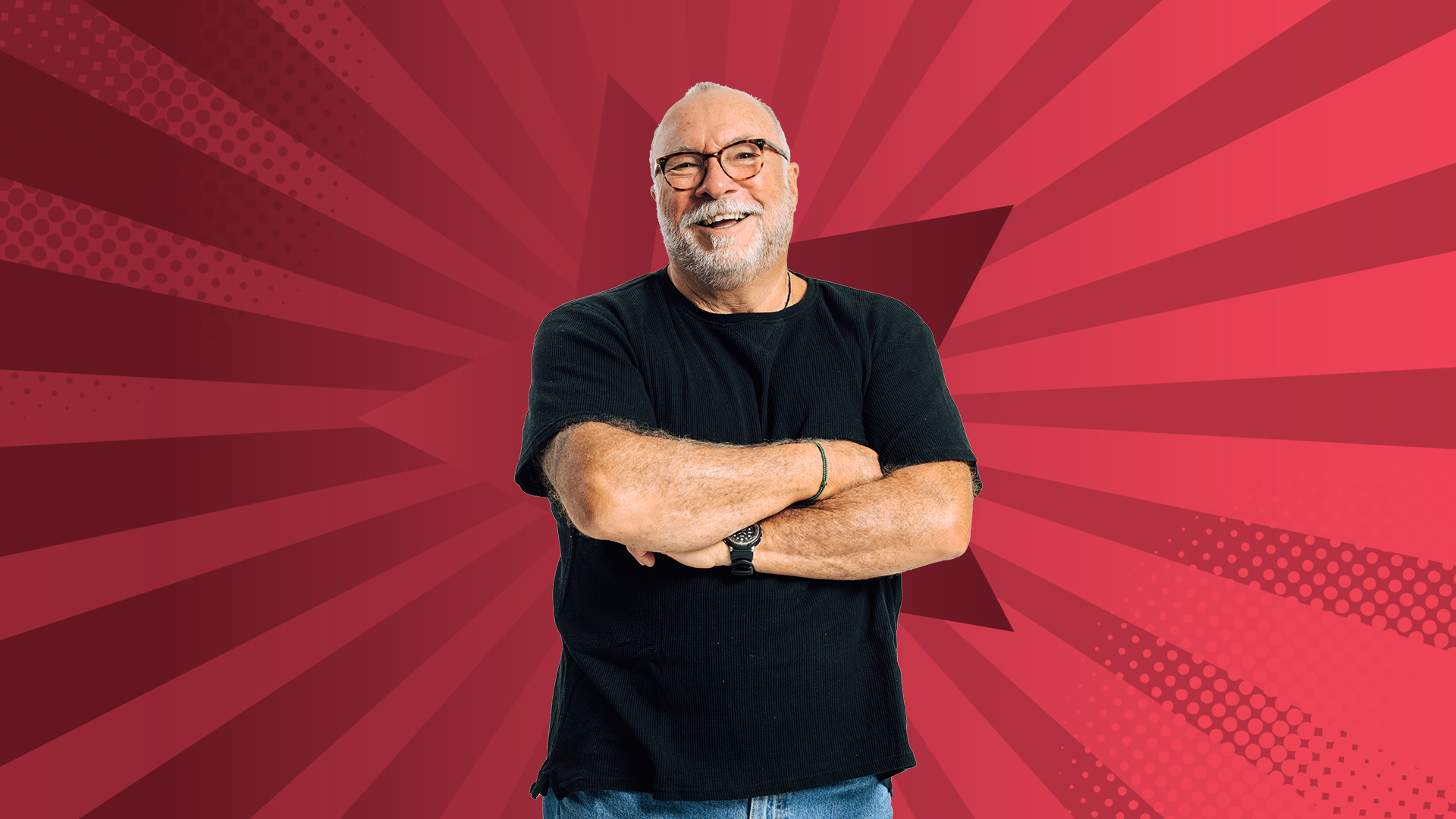 Bob Gentil smiling against a starry red background