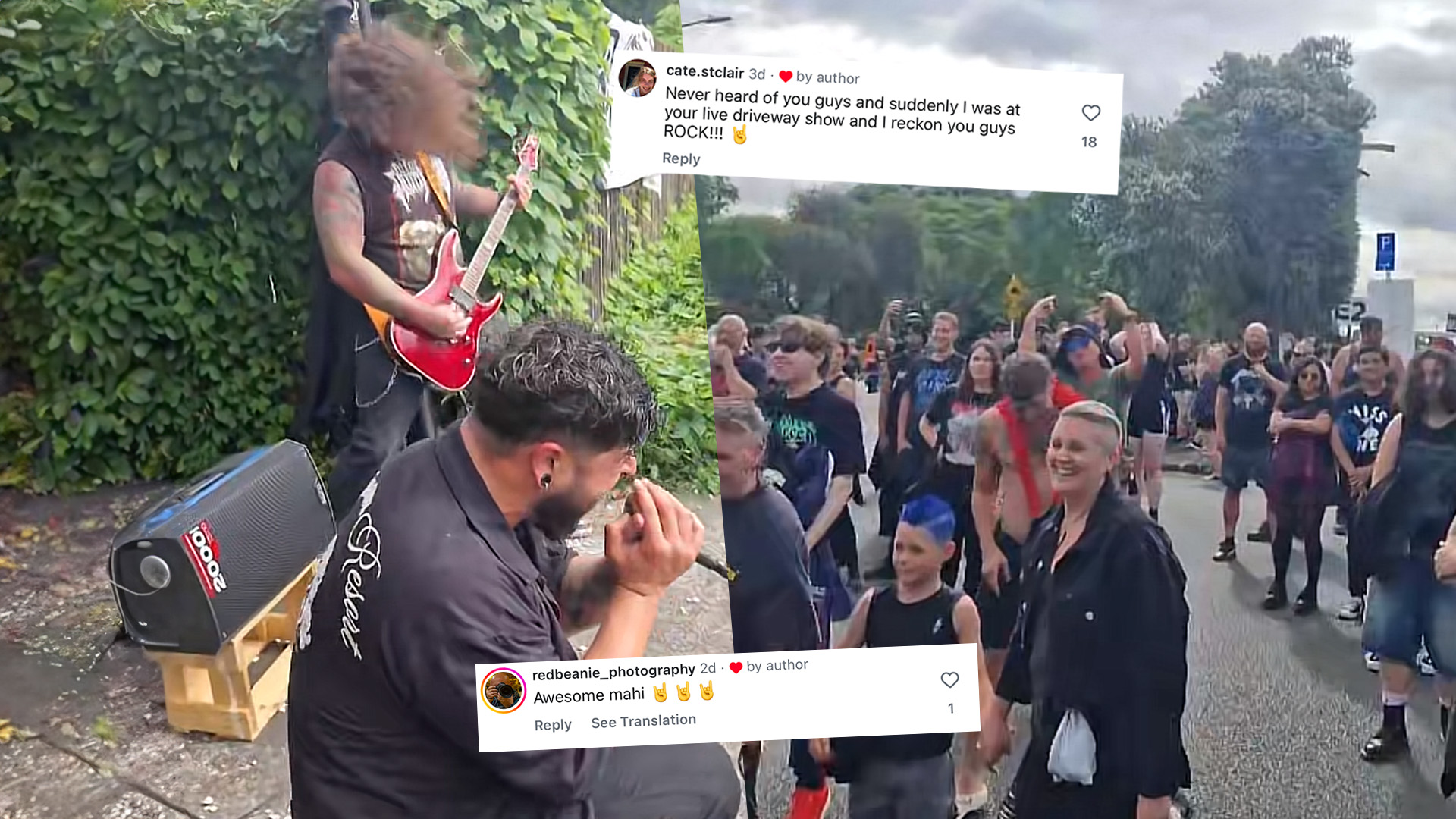 Screenshots of supportive comments, the band outside Eden Park playing