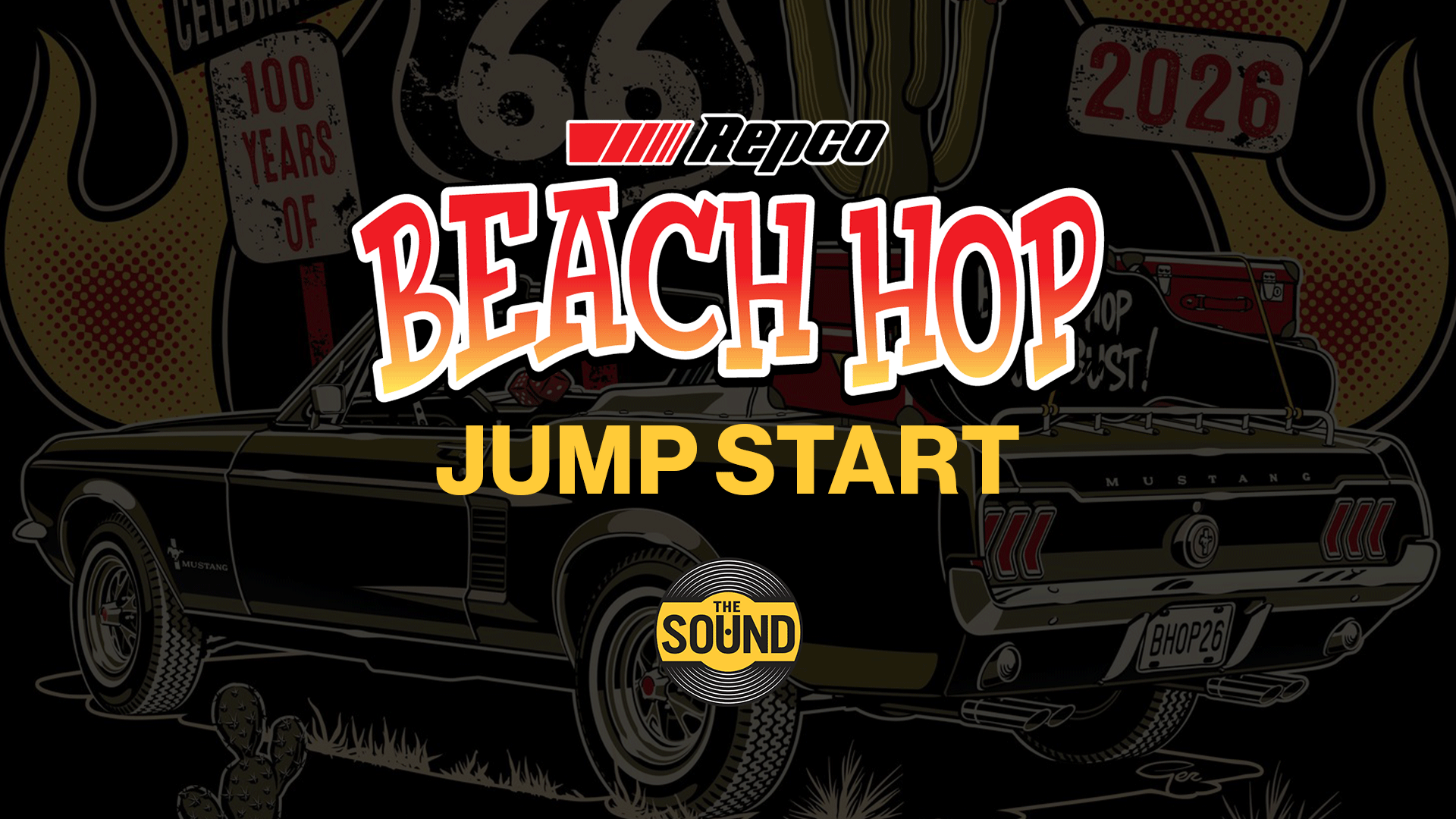 Repco logo above "BEACH HOP JUMP START" text, featuring a vintage black convertible car with luggage on the trunk, and "The Sound" logo.