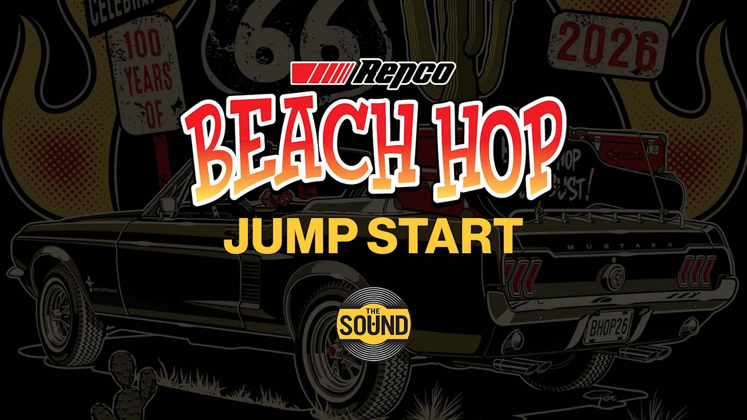 Repco logo above "BEACH HOP JUMP START" text, featuring a vintage black convertible car with luggage on the trunk, and "The Sound" logo.