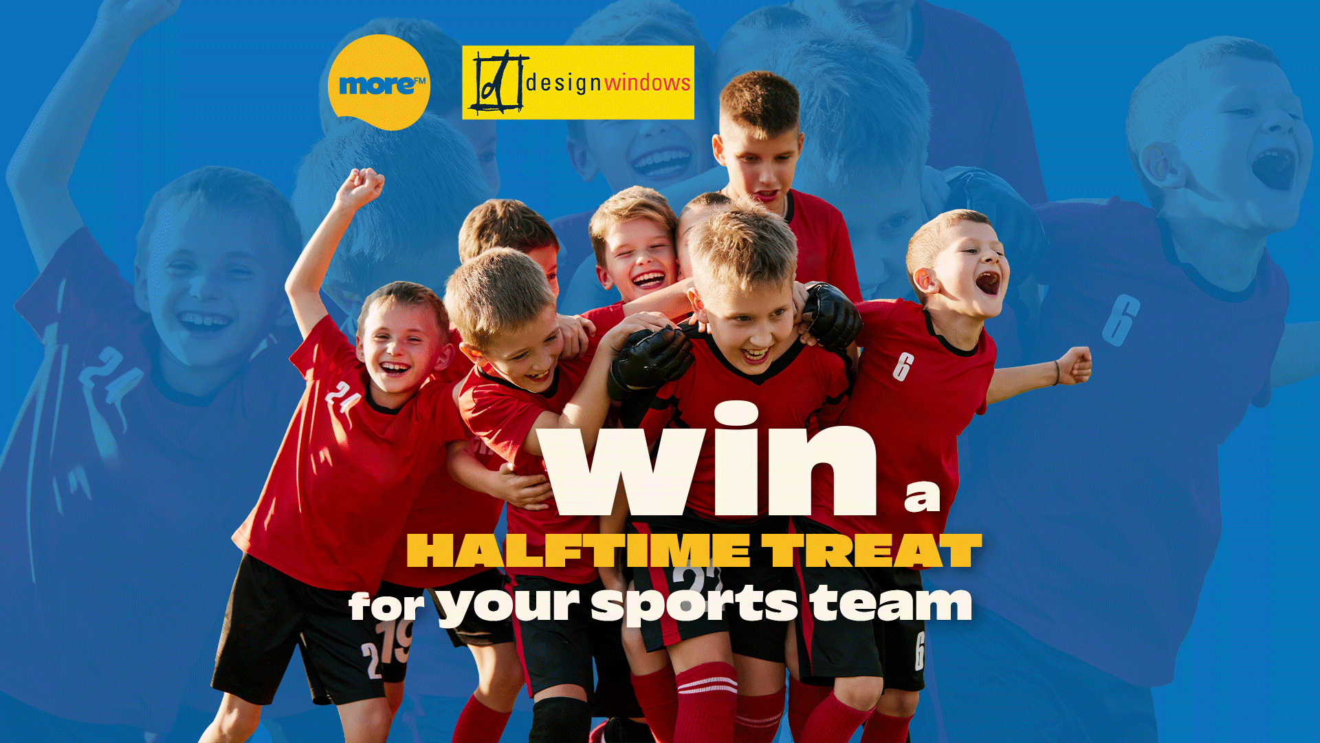 An excited team of young boys in red soccer uniforms huddle together, celebrating, with text "win a HALFTIME TREAT for your sports team" and two brand logos on a blue background.