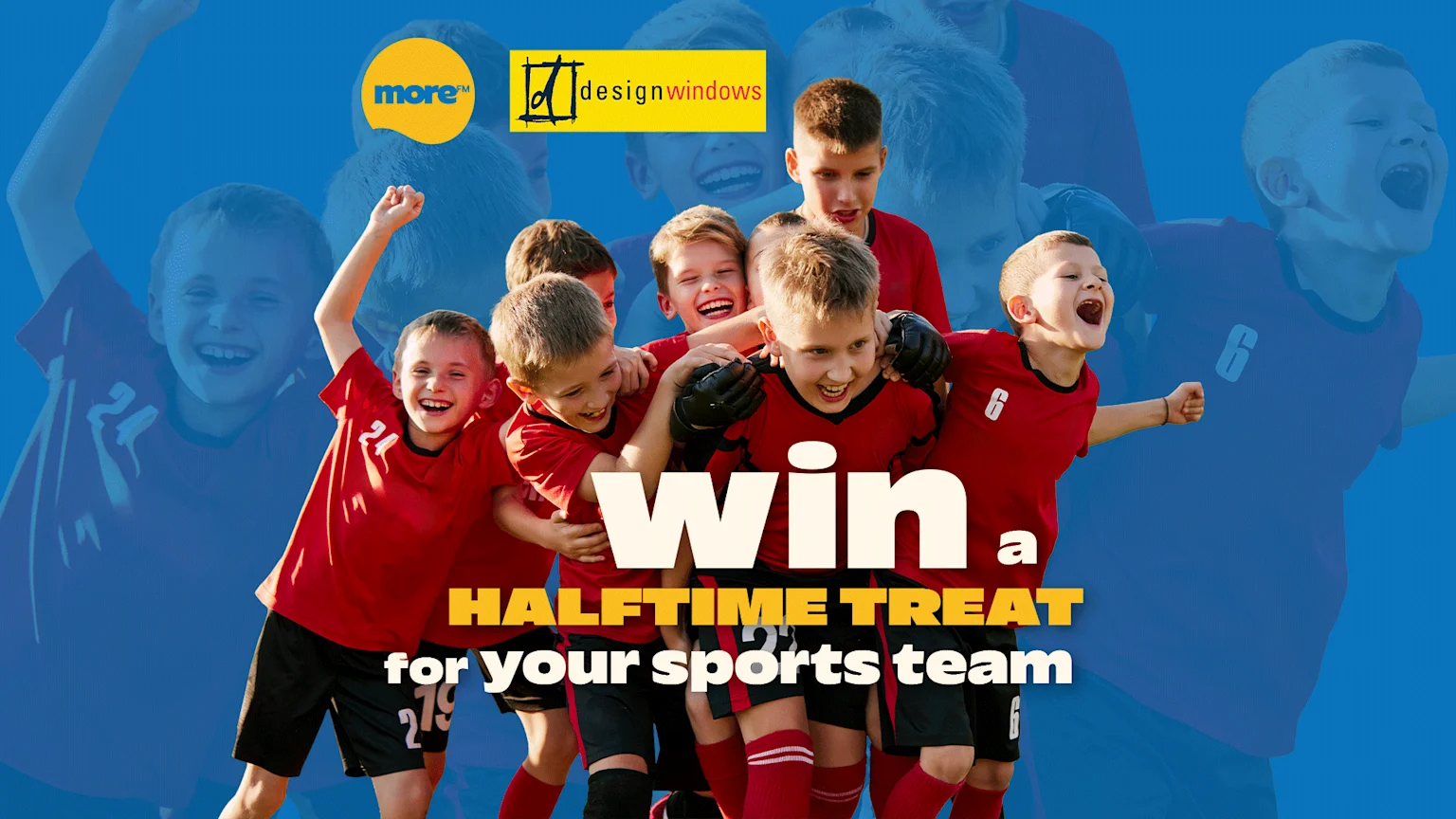 An excited team of young boys in red soccer uniforms huddle together, celebrating, with text "win a HALFTIME TREAT for your sports team" and two brand logos on a blue background.