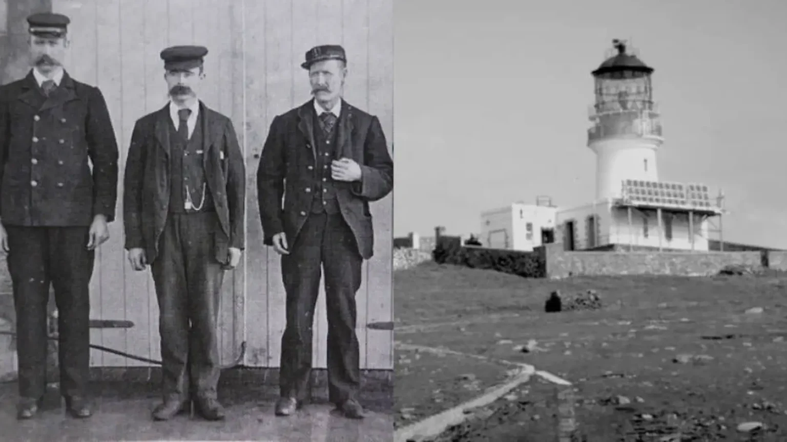 A split black and white image showing three men in suits and hats on the left, and a lighthouse and adjacent buildings on a rocky hill on the right.