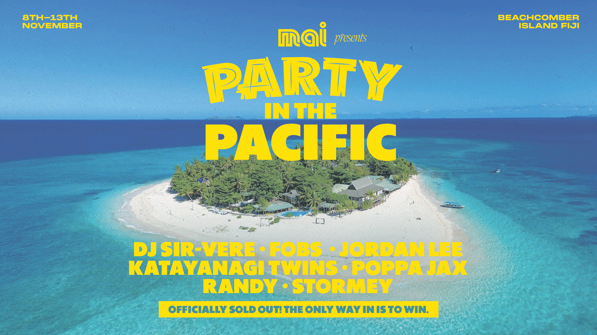 Mai FM Party in the Pacific event, with background of tropical beaches and audience at DJ set. 