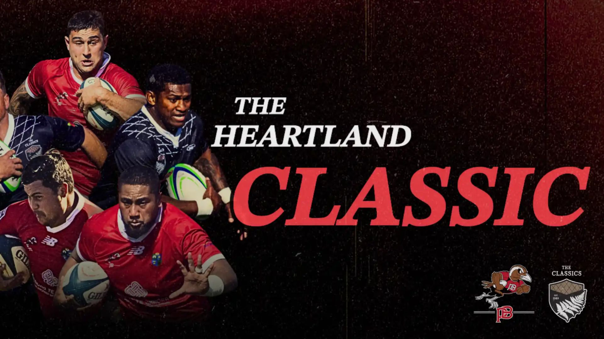 A poster for "THE HEARTLAND CLASSIC" rugby match, featuring several rugby players in red and black jerseys, holding balls, with team logos for Poverty Bay and The Classics.