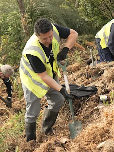 The Breeze's Mike Puru and tree-planting volunteers in hi-vis planting on hillside