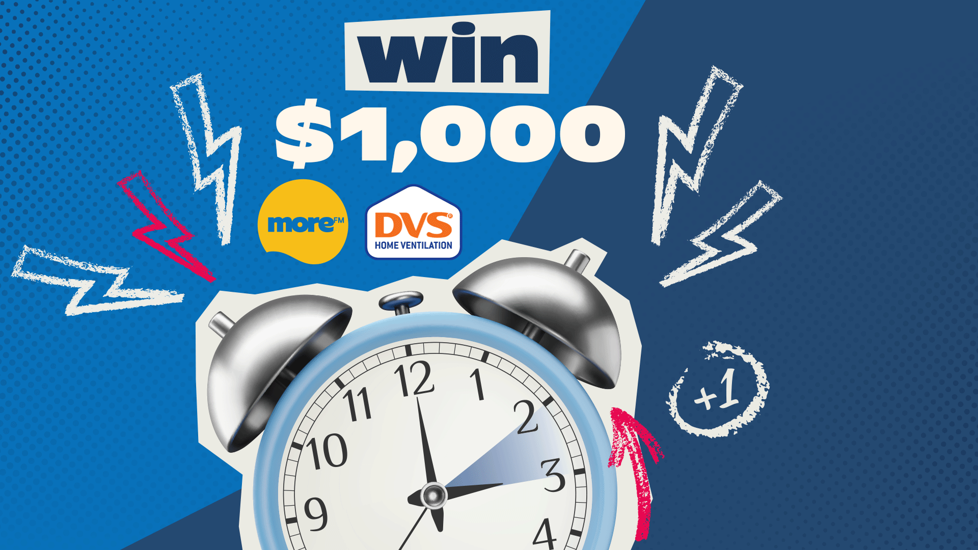 An advertisement showing "win $1,000" with More FM and DVS Home Ventilation logos, a blue alarm clock, and chalk-style lightning bolts on a blue background.