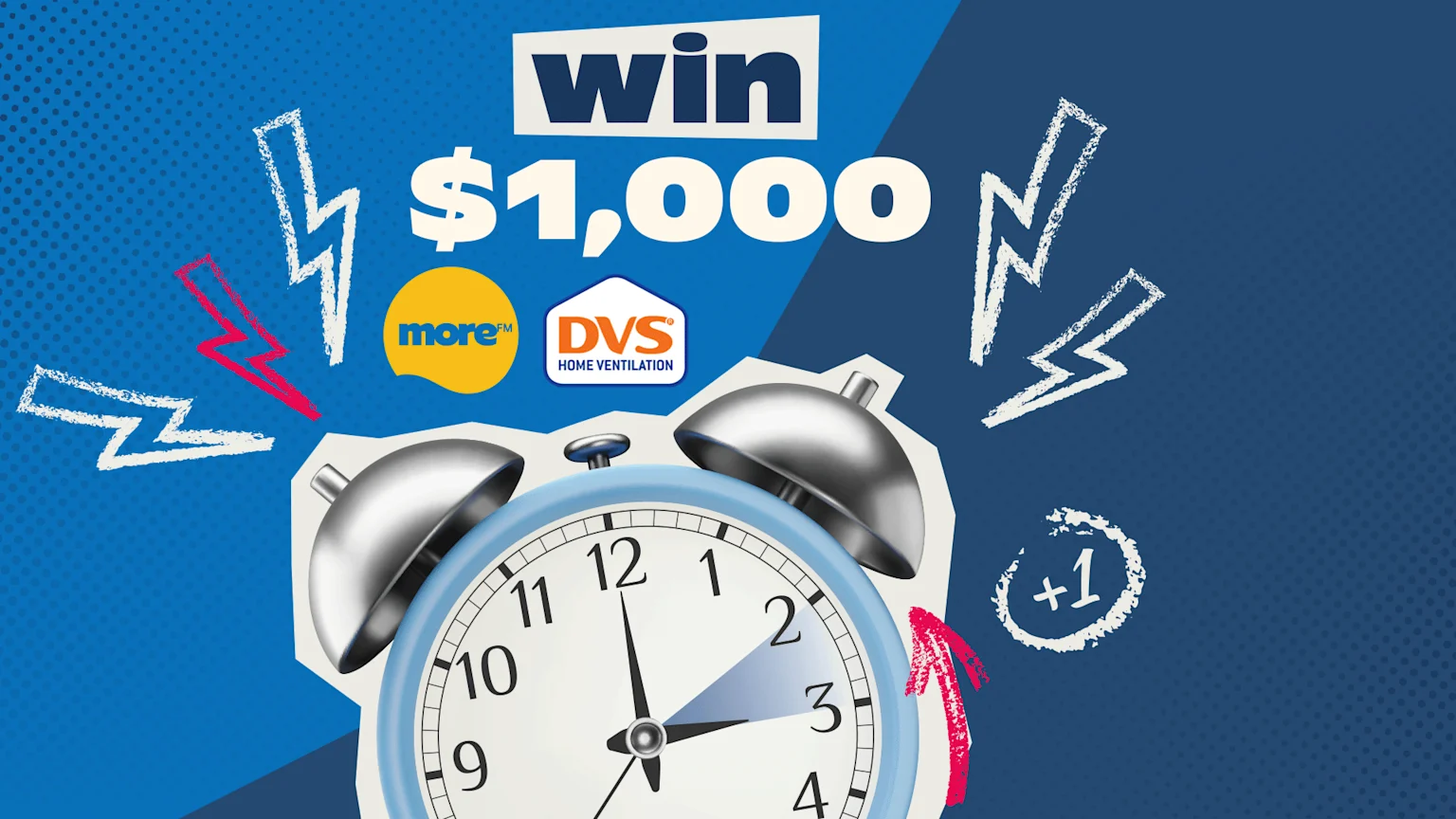 An advertisement showing "win $1,000" with More FM and DVS Home Ventilation logos, a blue alarm clock, and chalk-style lightning bolts on a blue background.