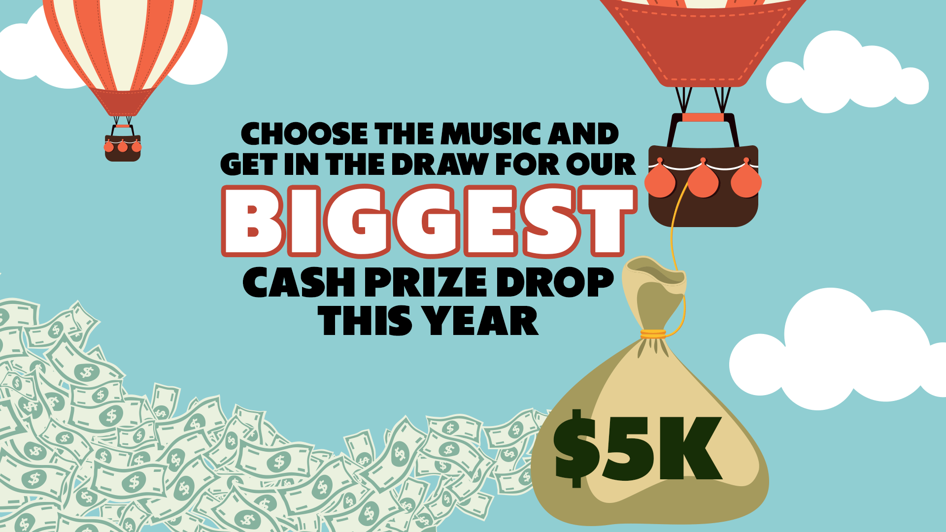 A vibrant green background features two money bags, one drawn March 16 and the other April 6, each marked "$1K", surrounded by floating dollar coins and banknotes, with bold text inviting entry into "2X DRAWS EACH WORTH $1,000".