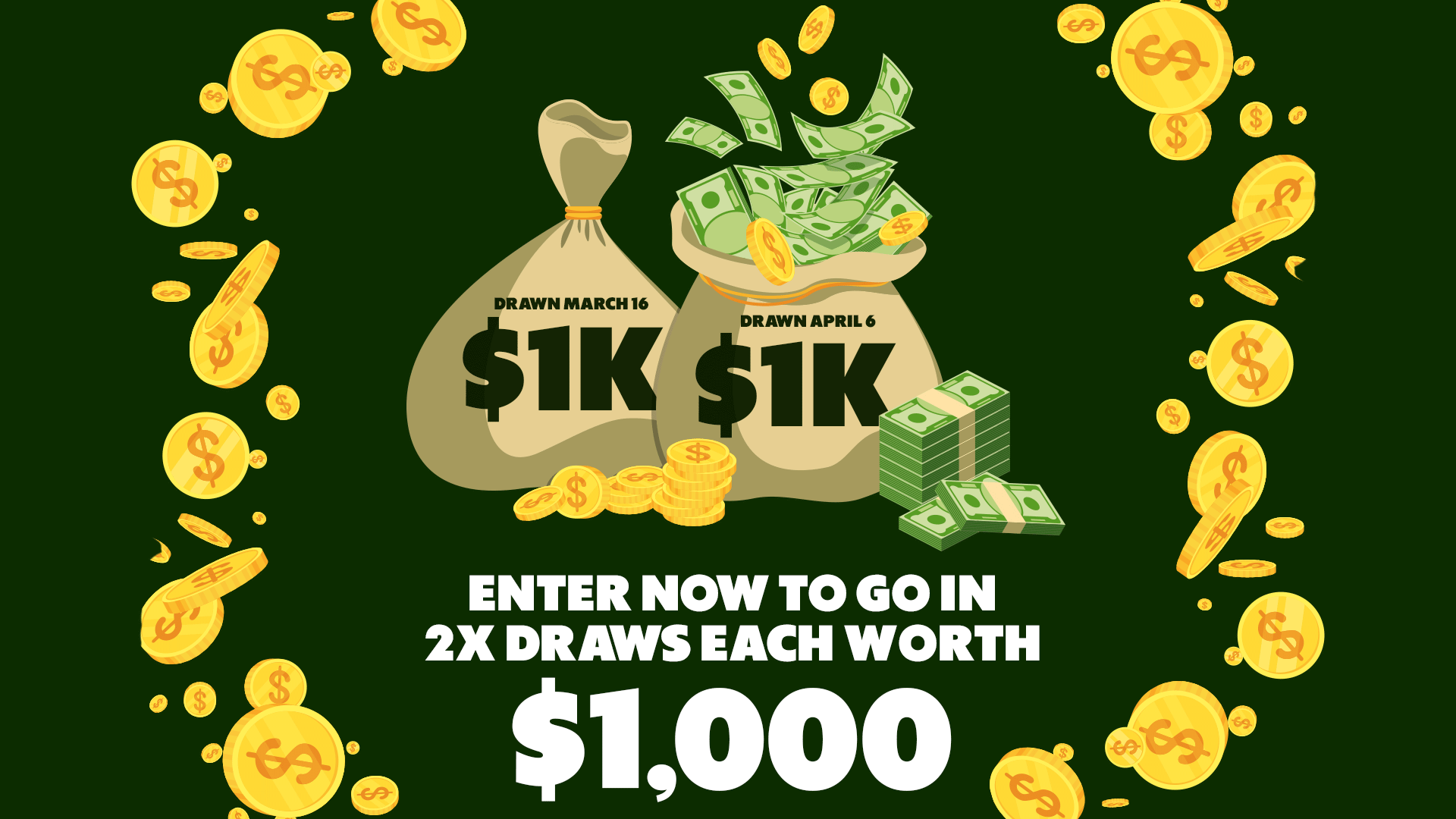 A vibrant green background features two money bags, one drawn March 16 and the other April 6, each marked "$1K", surrounded by floating dollar coins and banknotes, with bold text inviting entry into "2X DRAWS EACH WORTH $1,000".