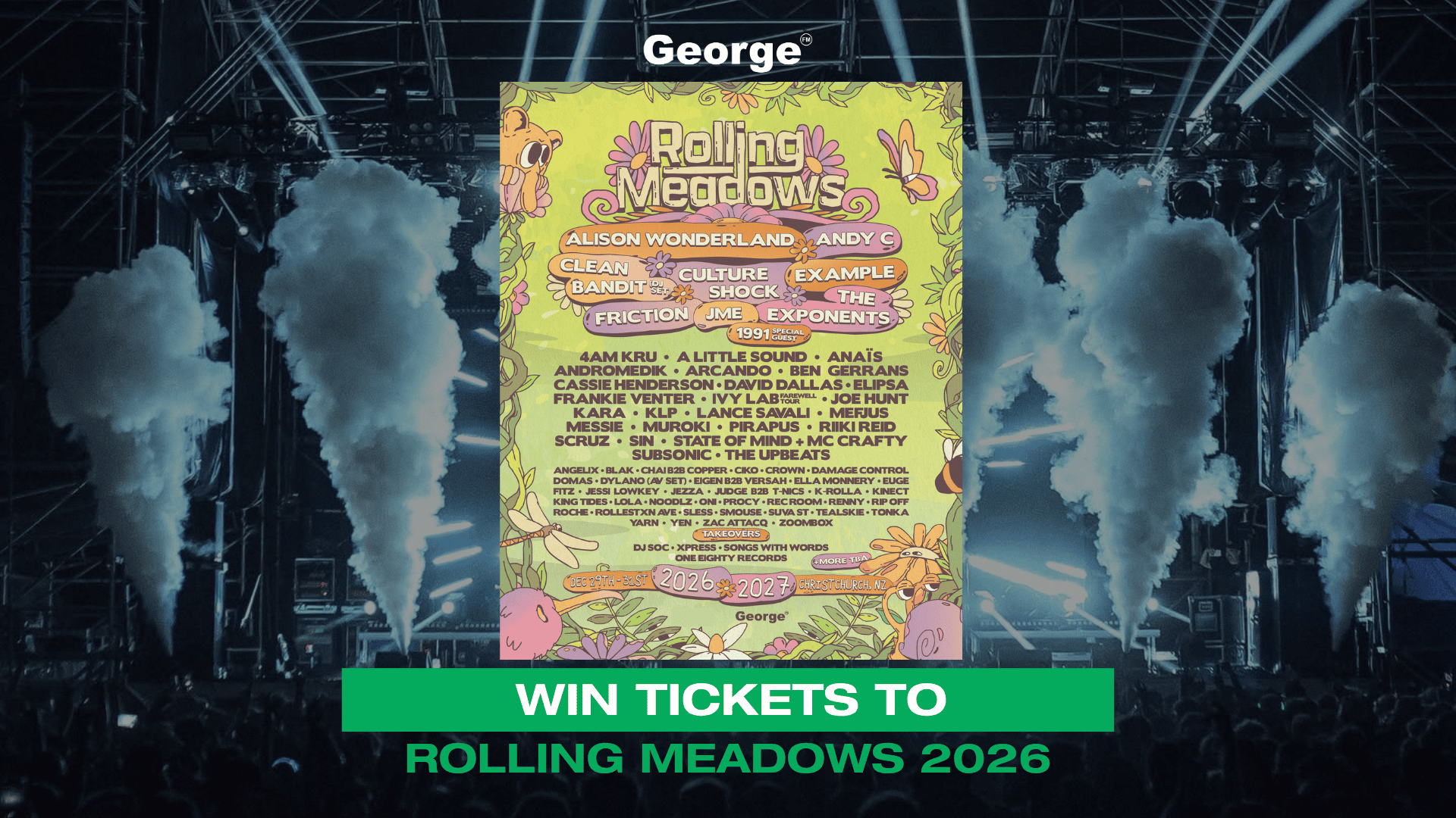 A colorful festival poster for Rolling Meadows 2026-2027, featuring artist names like Alison Wonderland, is overlaid on a concert stage with smoke and a crowd, with text "Win Tickets To Rolling Meadows 2026".