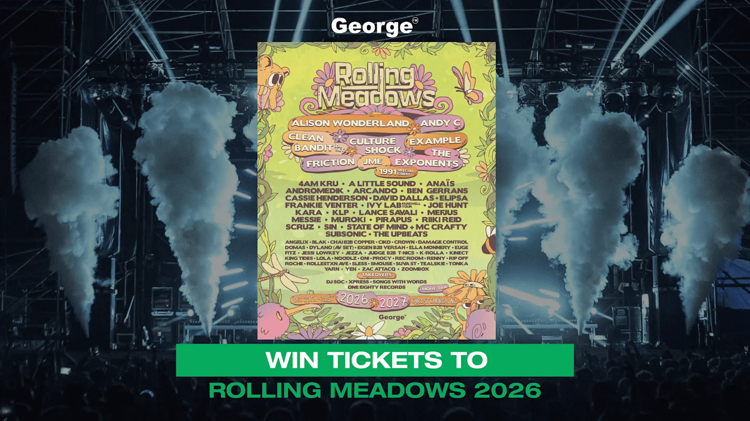 A colorful festival poster for Rolling Meadows 2026-2027, featuring artist names like Alison Wonderland, is overlaid on a concert stage with smoke and a crowd, with text "Win Tickets To Rolling Meadows 2026".