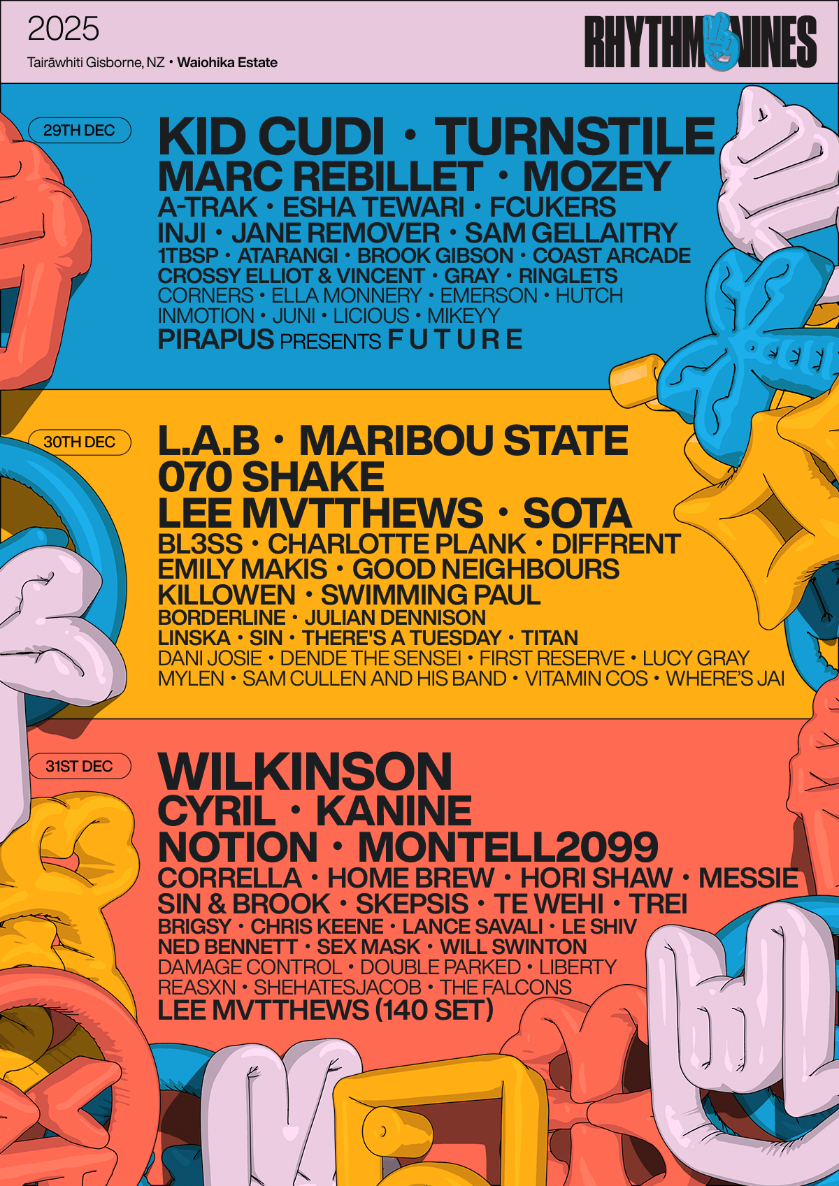 Rhythm & Vines 2025 poster line-up featuring headliners Kid Cudi, Turnstile and Wilkinson