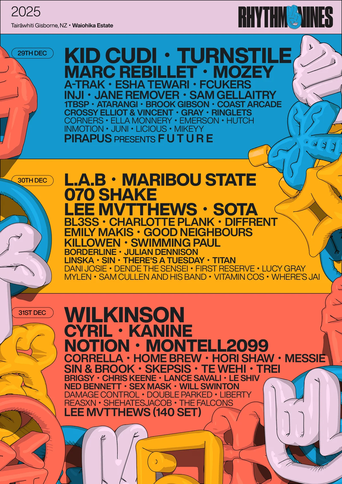 Rhythm & Vines 2025 poster line-up featuring headliners Kid Cudi, Turnstile and Wilkinson