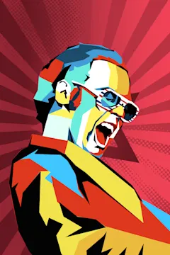 Elton John illustration against a starry red background